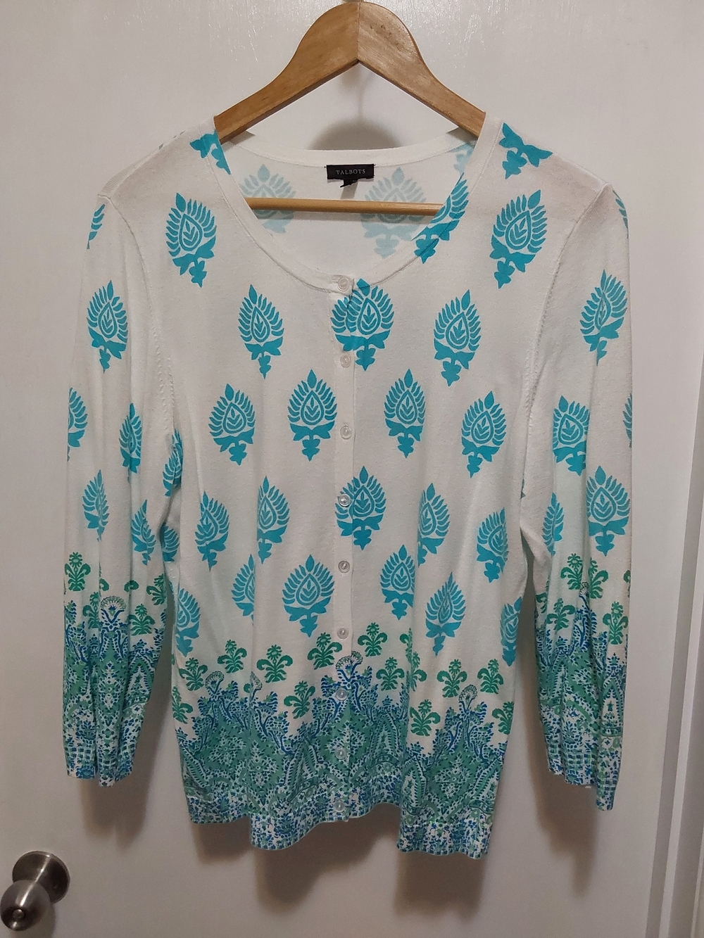 Talbots White Cardigan with Aqua & Teal Paisley Print